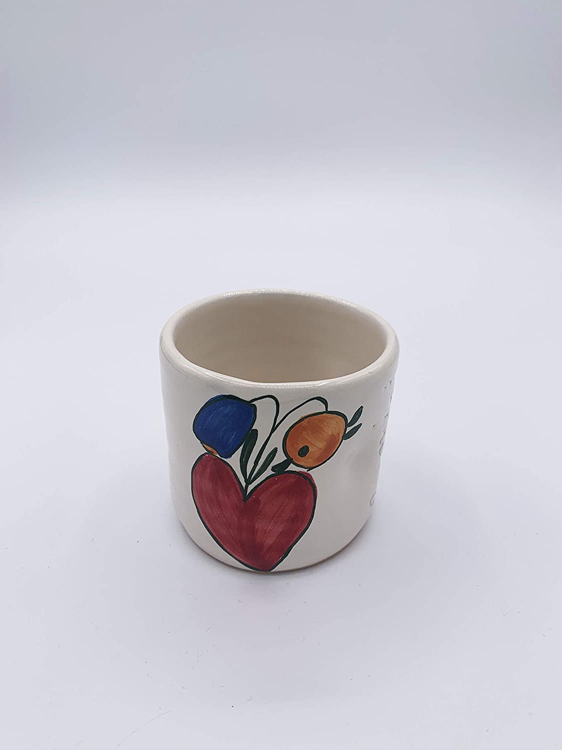 Bicchiere in Ceramica fatto e dipinto a mano con disegno cuore e tulipani