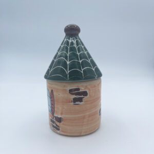 Barattolo medio porta sale e porta spezie a forma di casetta in ceramica fatta e dipinta a mano arancio con tetto verde