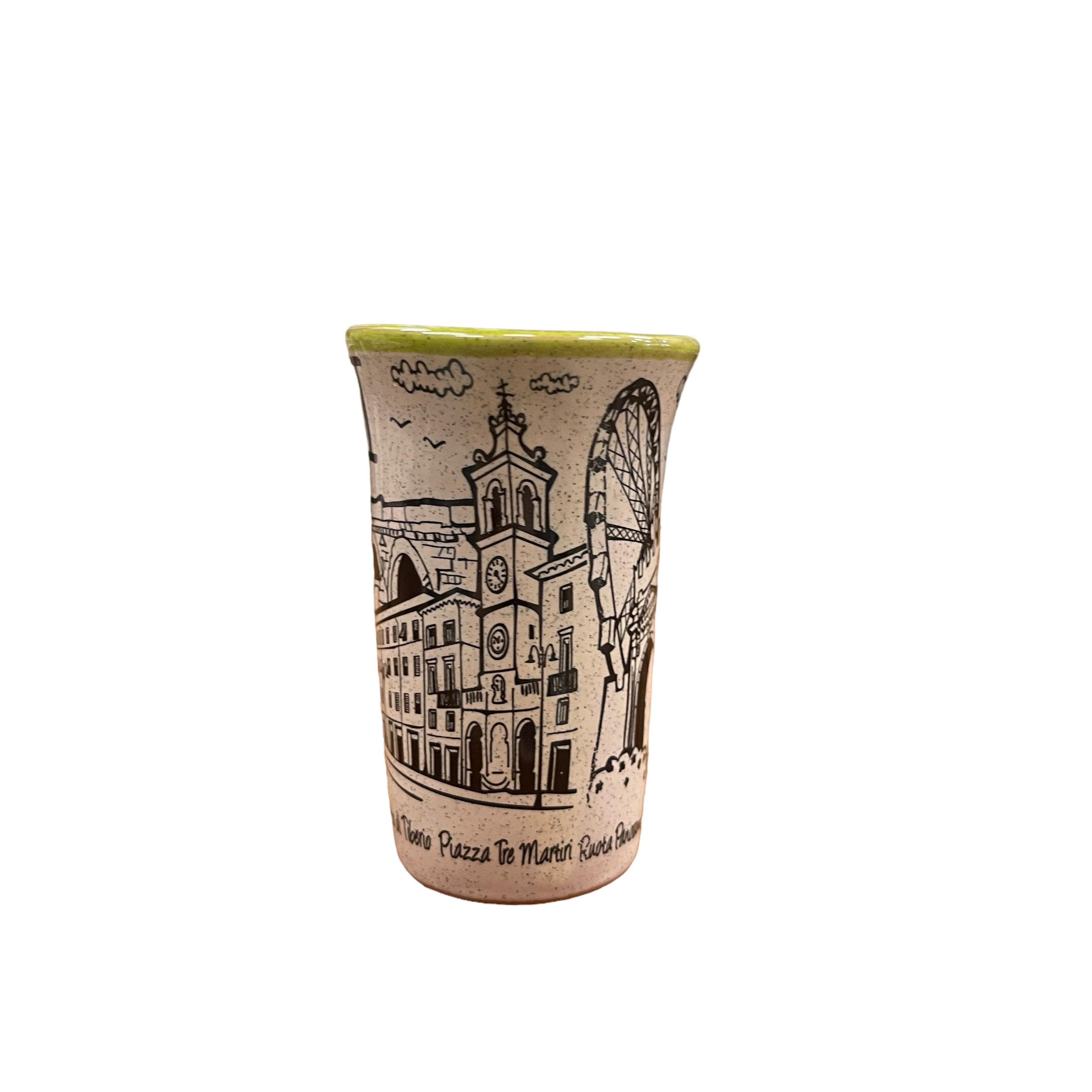 Amarcord La Romagna Bicchierino da Liquore in Ceramica Souvenir Rimini con bordo verde